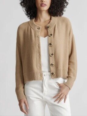 Quince 100% Organic Cotton Cropped Cardigan M Camel Boxy Button up Sweater